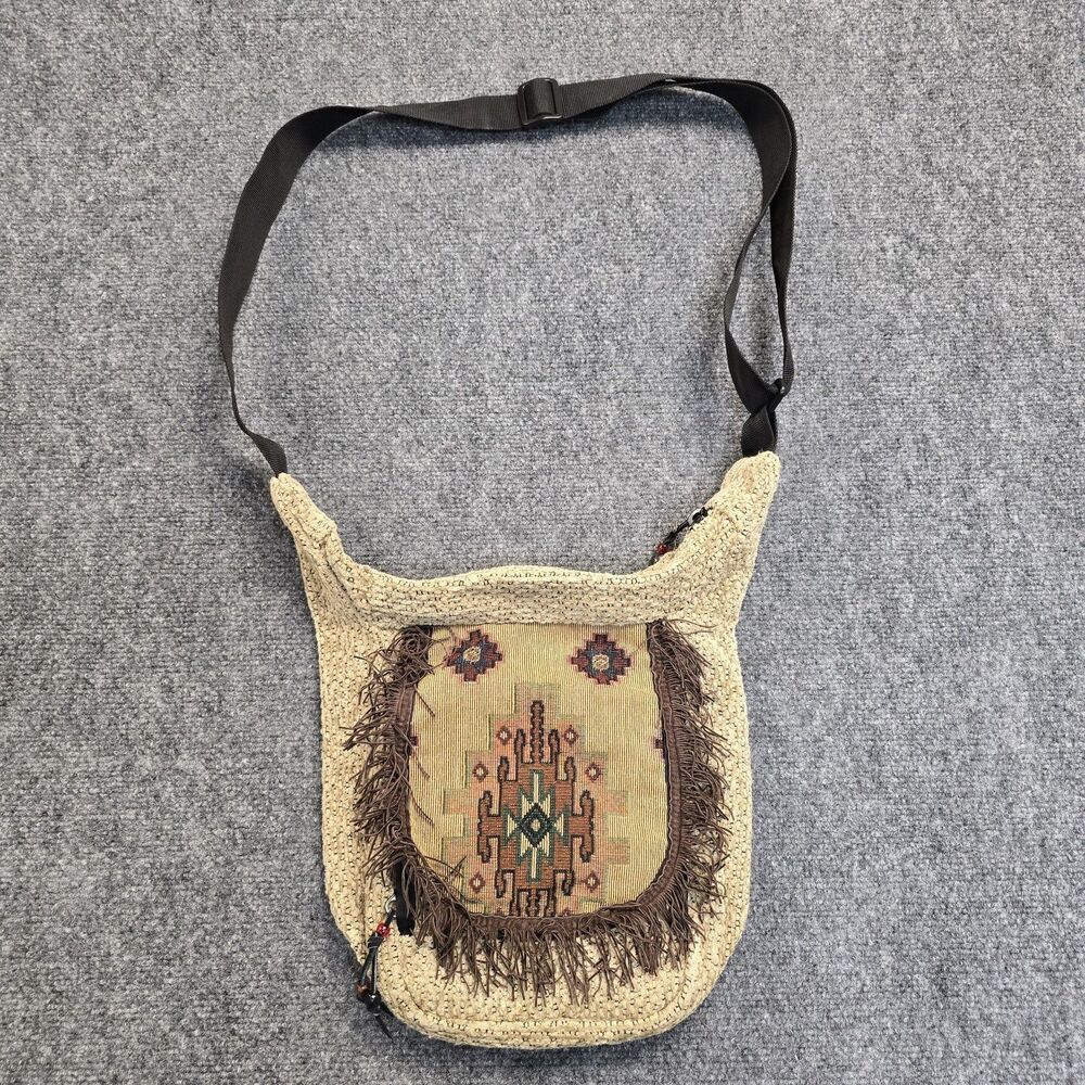Vintage Crossbody Purse 90s Y2K Southwestern Fringe Indian Aztec Print Zip Bag